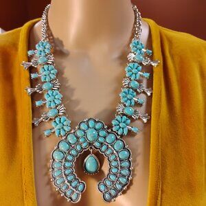 Southwestern Turquoise Squash Blossom Style Statement Necklace Boho Silver Tone